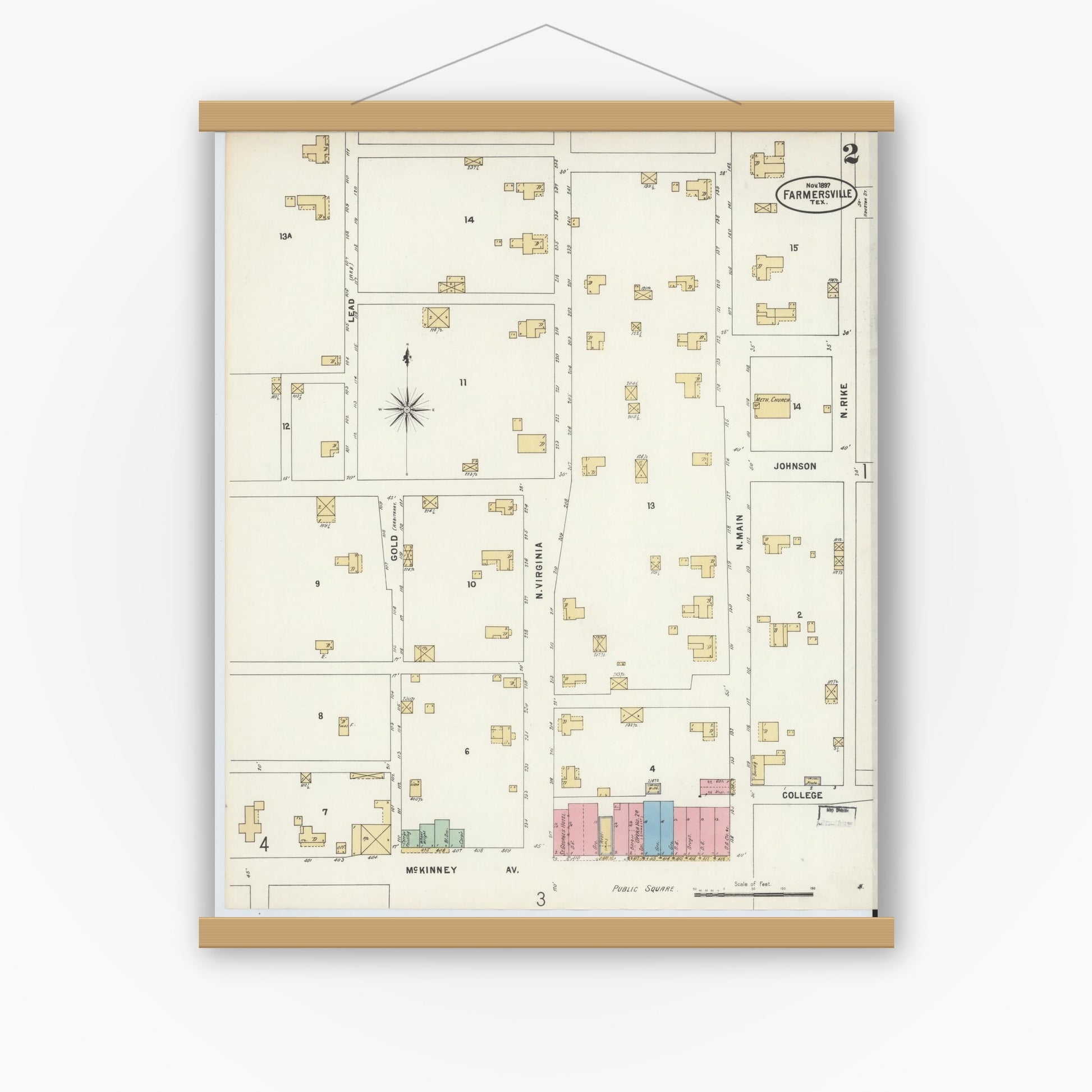 Old map wall art mockup — magnetic wood frame on white wall — Sanborn Fire Insurance Map from Farmersville, Collin County, Texas (1897), Sheet #0002
