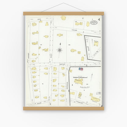 Old map wall art mockup — magnetic wood frame on white wall — Sanborn Fire Insurance Map from Natick, Middlesex County, Massachusetts (1909), Sheet #0004