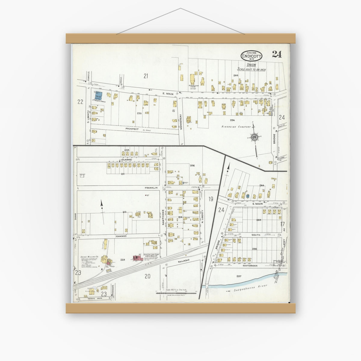 Old map wall art mockup — magnetic wood frame on white wall — Sanborn Fire Insurance Map from Endicott, Broome County, New York (1918), Sheet #0024