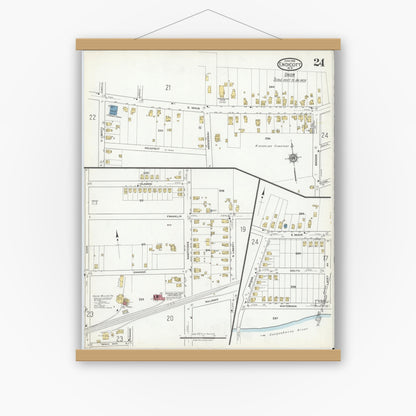 Old map wall art mockup — magnetic wood frame on white wall — Sanborn Fire Insurance Map from Endicott, Broome County, New York (1918), Sheet #0024