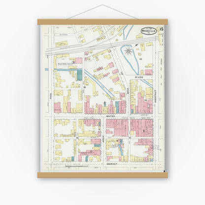 Old map wall art mockup — magnetic wood frame on white wall — Sanborn Fire Insurance Map from Meadville, Crawford County, Pennsylvania (1891), Sheet #0006