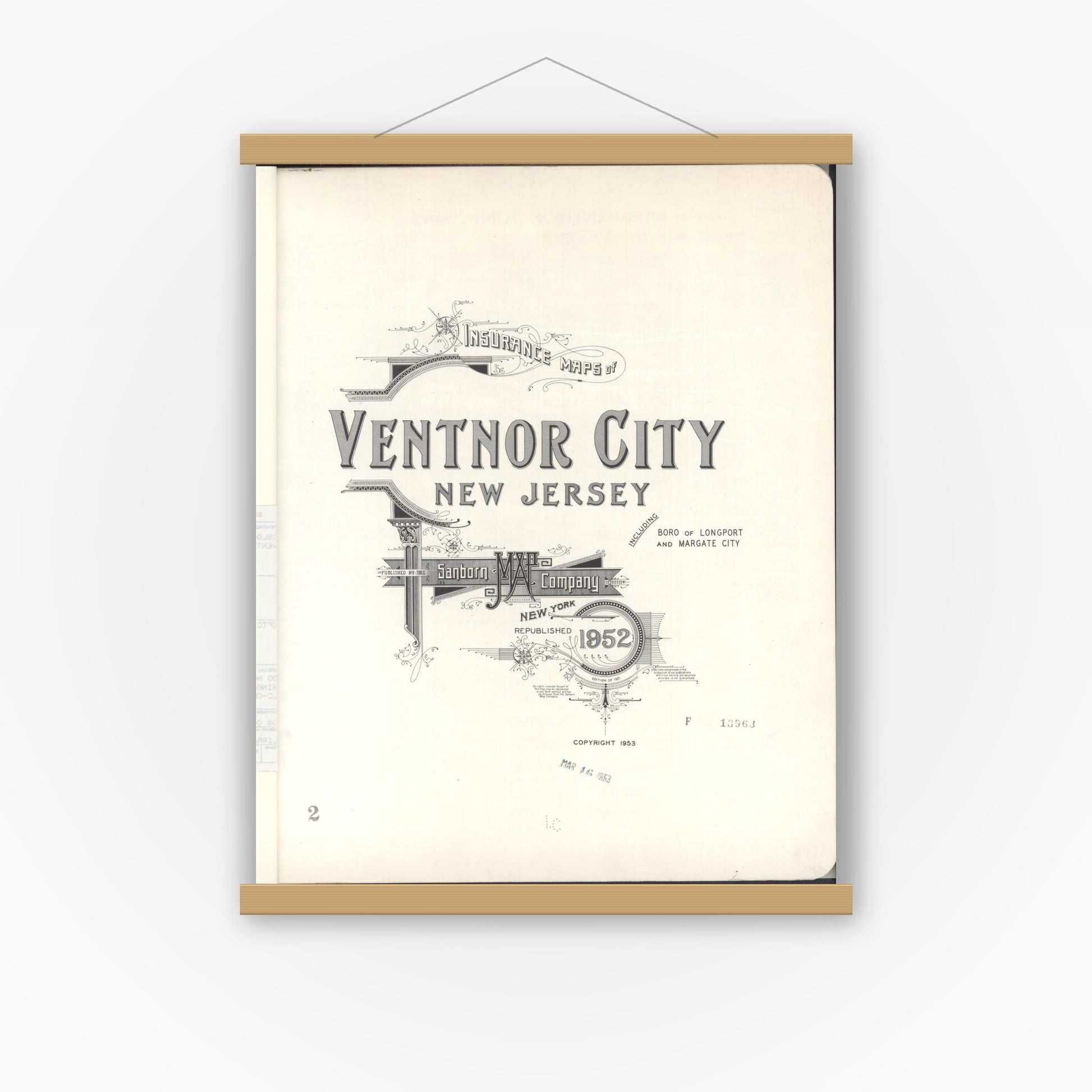 Old map wall art mockup — magnetic wood frame on white wall — Sanborn Fire Insurance Map from Ventnor, Atlantic County, New Jersey (1952), Sheet #0001