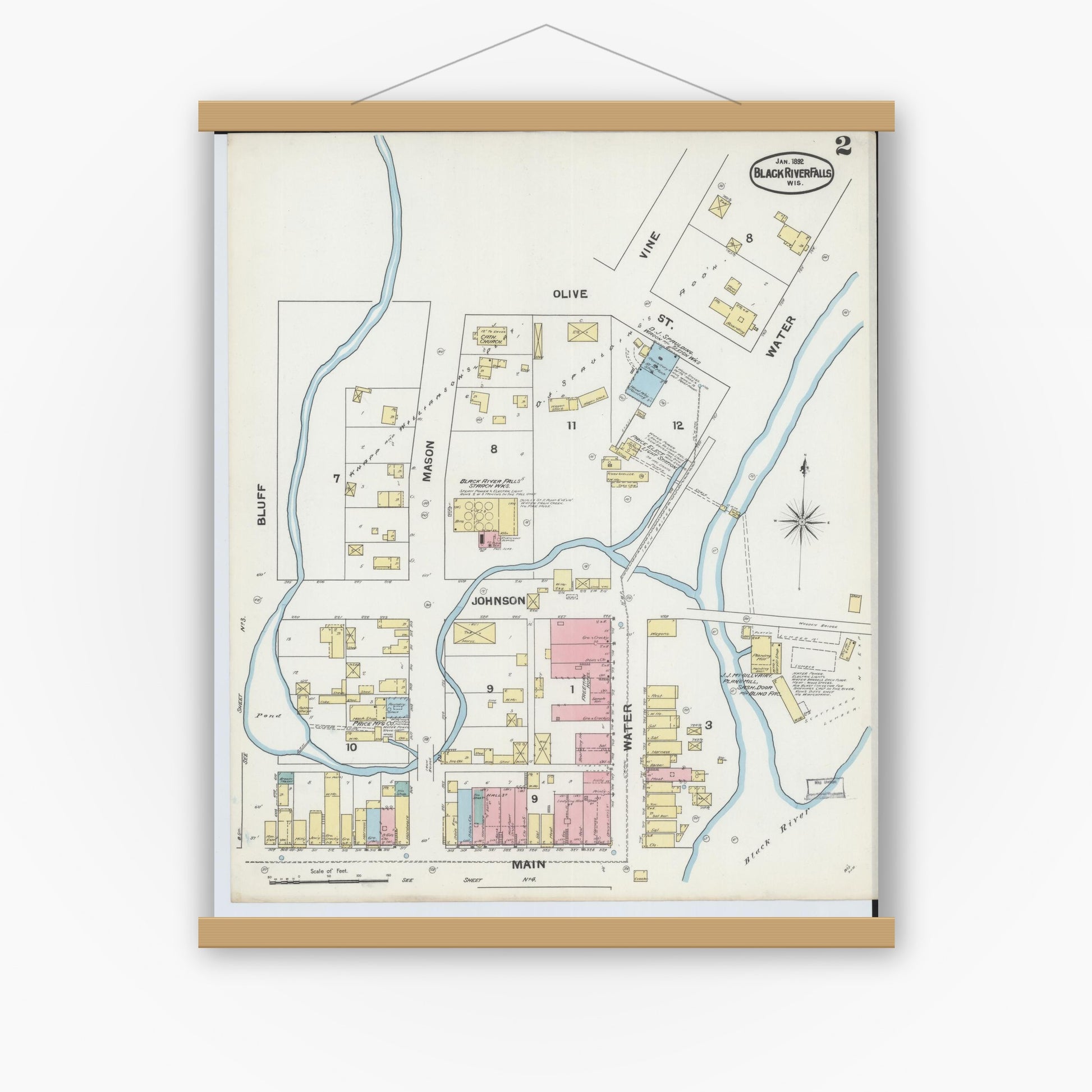 Old map wall art mockup — magnetic wood frame on white wall — Sanborn Fire Insurance Map from Black River Falls, Jackson County, Wisconsin (1892), Sheet #0002