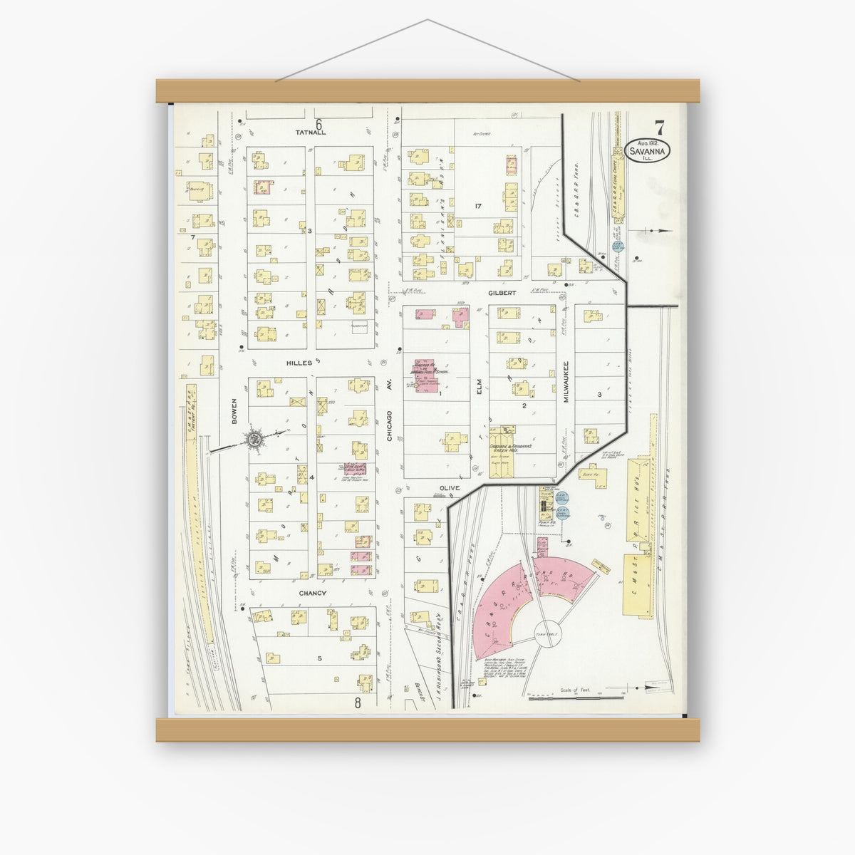 Old map wall art mockup — magnetic wood frame on white wall — Sanborn Fire Insurance Map from Savanna, Carroll County, Illinois (1912), Sheet #0007