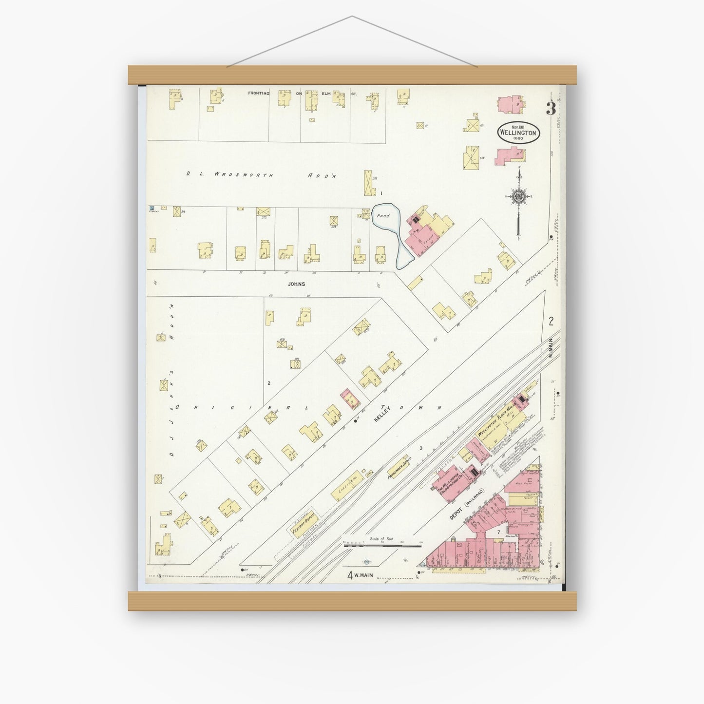 Old map wall art mockup — magnetic wood frame on white wall — Sanborn Fire Insurance Map from Wellington, Lorain County, Ohio (1911), Sheet #0003