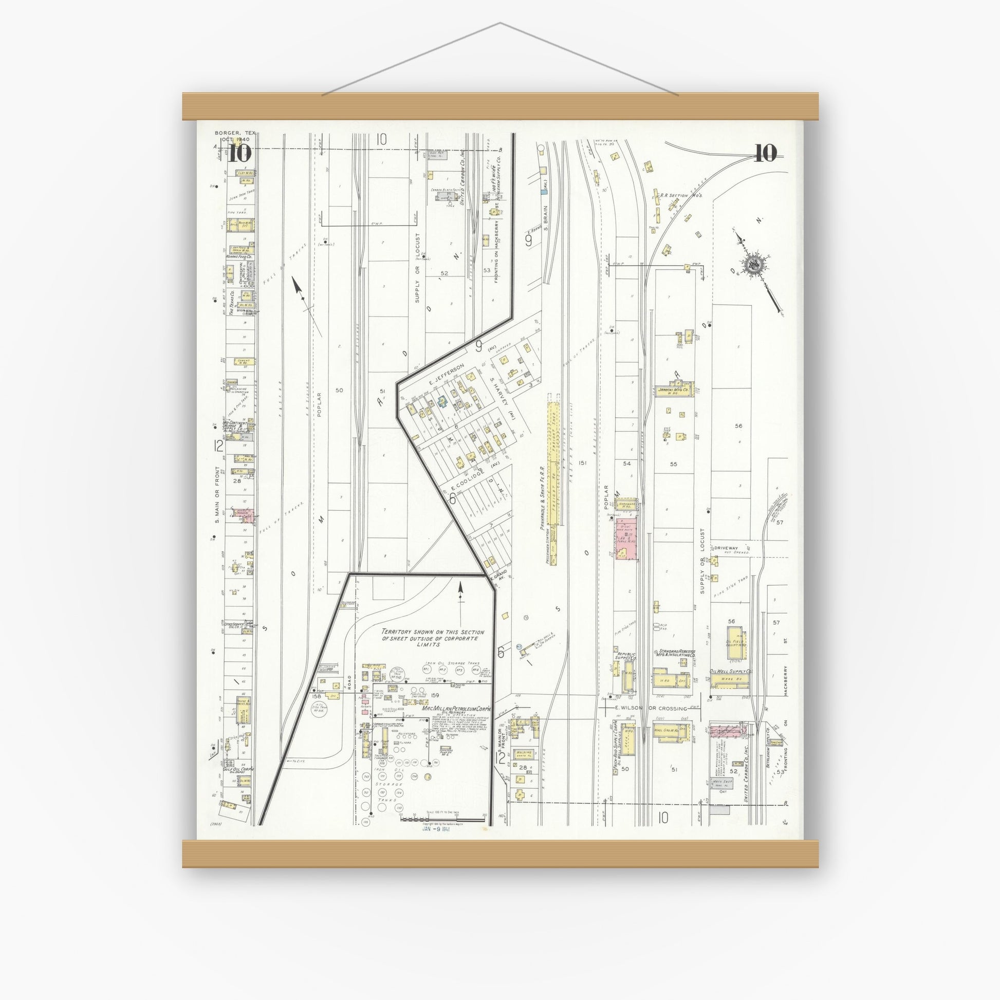 Old map wall art mockup — magnetic wood frame on white wall — Sanborn Fire Insurance Map from Borger, Hutchinson County, Texas (1940), Sheet #0010