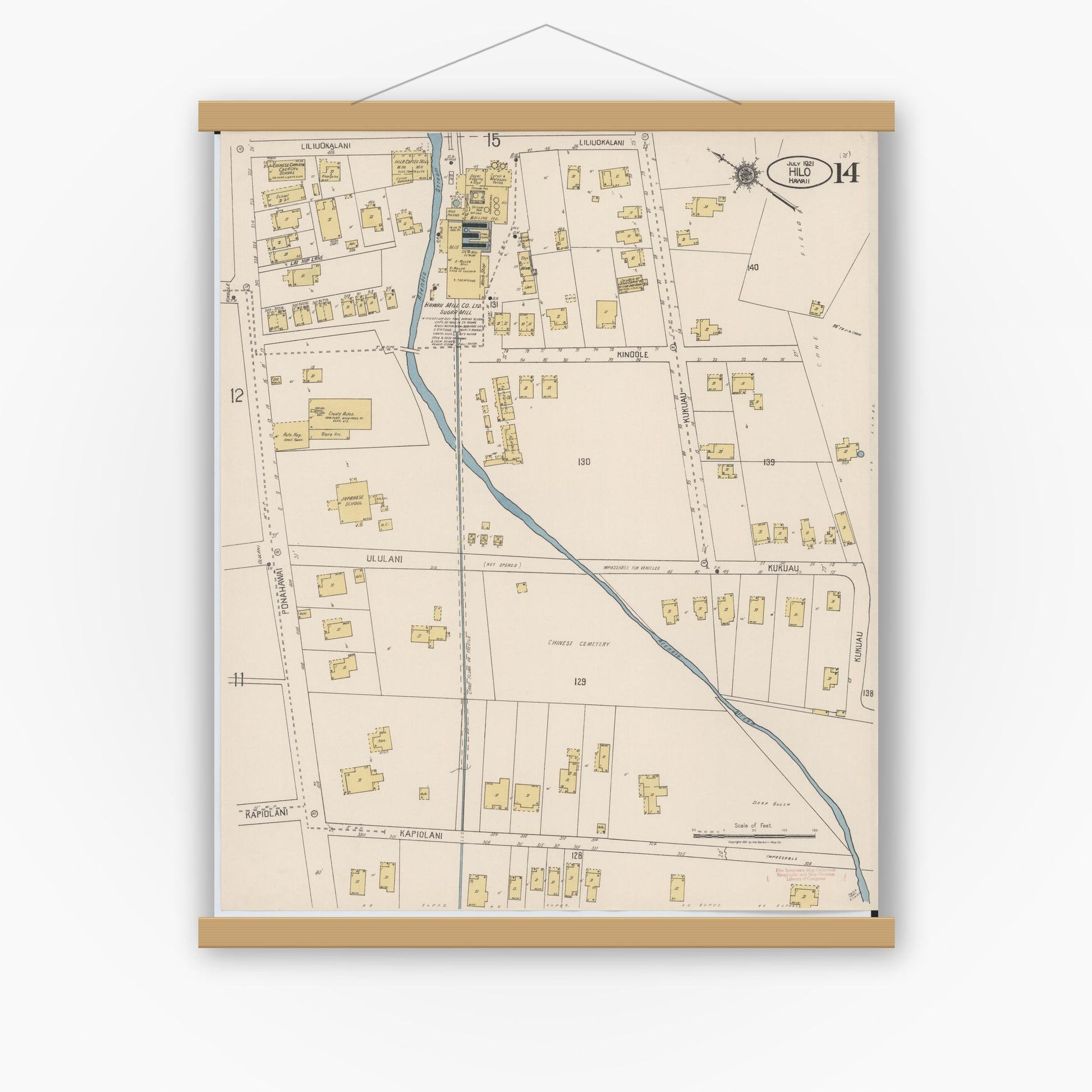 Old map wall art mockup — magnetic wood frame on white wall — Sanborn Fire Insurance Map from Hilo, Hawaii County, Hawaii (1921), Sheet #0014