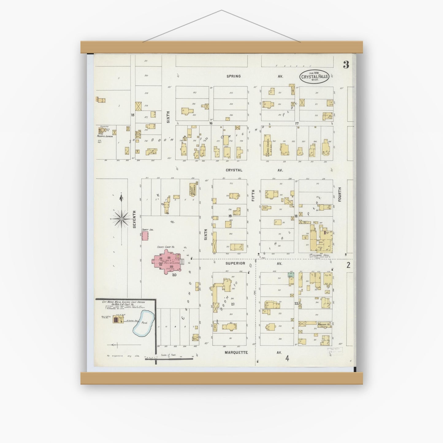 Old map wall art mockup — magnetic wood frame on white wall — Sanborn Fire Insurance Map from Crystal Falls, Iron County, Michigan (1898), Sheet #0003
