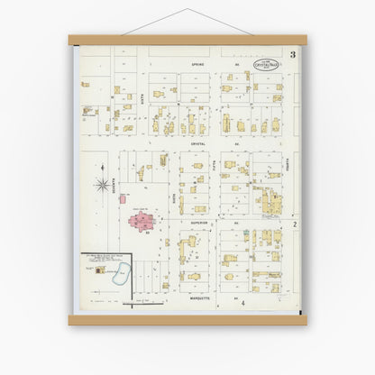 Old map wall art mockup — magnetic wood frame on white wall — Sanborn Fire Insurance Map from Crystal Falls, Iron County, Michigan (1898), Sheet #0003