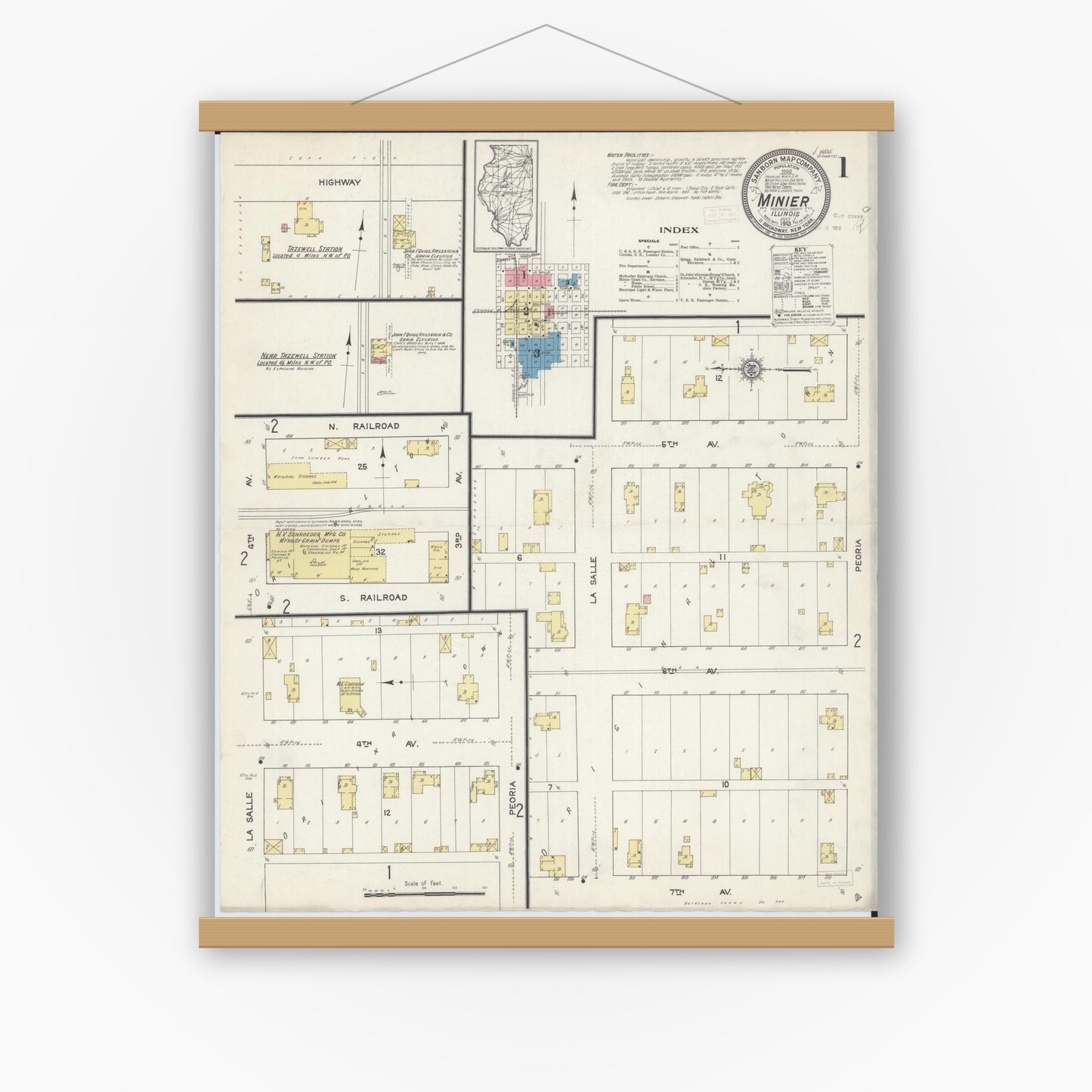 Old map wall art mockup — magnetic wood frame on white wall — Sanborn Fire Insurance Map from Minier, Tazewell County, Illinois (1913) - Complete Map Set
