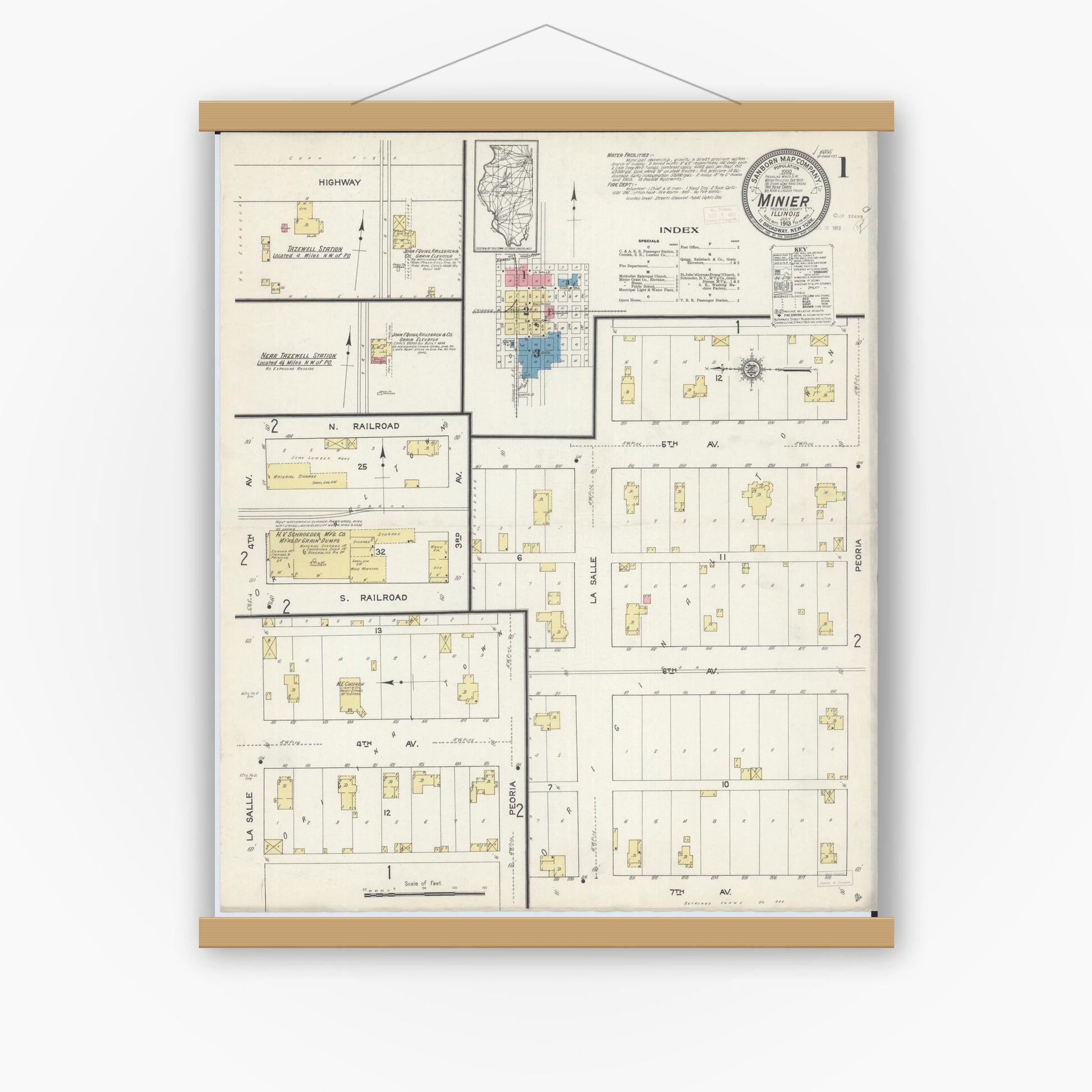 Old map wall art mockup — magnetic wood frame on white wall — Sanborn Fire Insurance Map from Minier, Tazewell County, Illinois (1913) - Complete Map Set