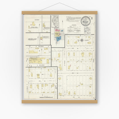 Old map wall art mockup — magnetic wood frame on white wall — Sanborn Fire Insurance Map from Minier, Tazewell County, Illinois (1913) - Complete Map Set
