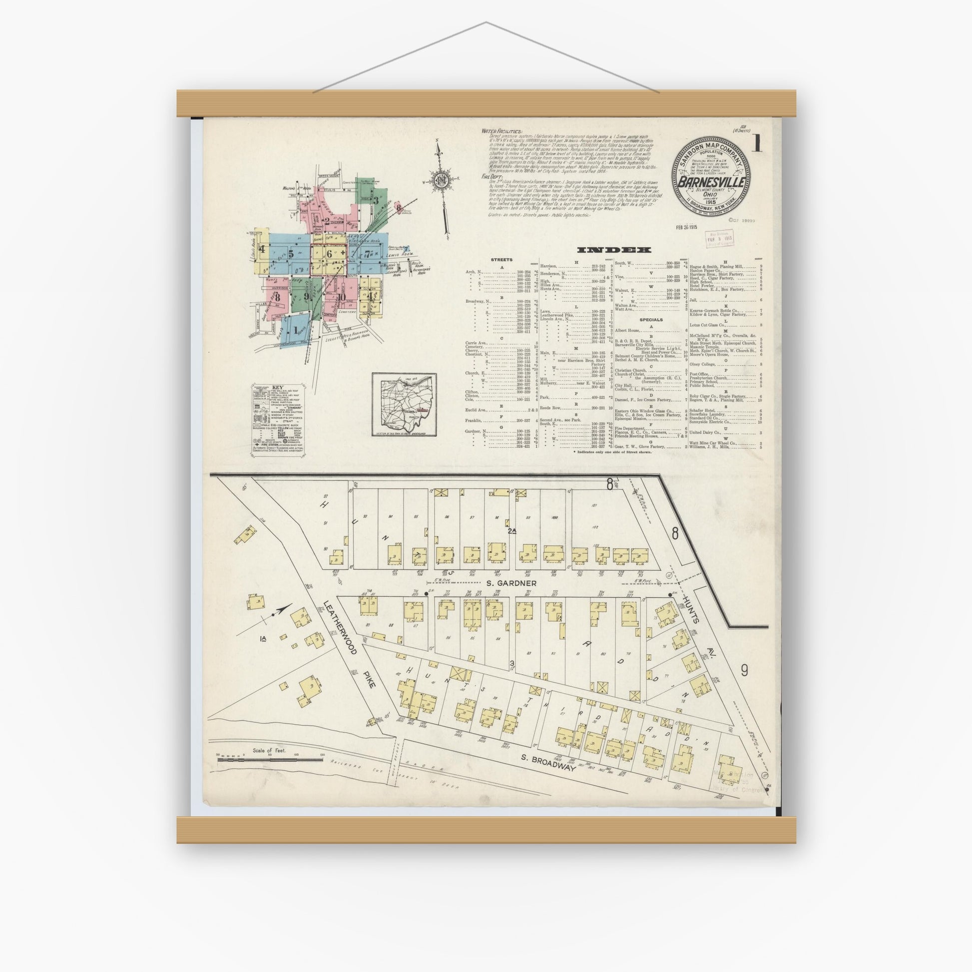 Old map wall art mockup — magnetic wood frame on white wall — Sanborn Fire Insurance Map from Barnesville, Belmont County, Ohio (1915) - Complete Map Set