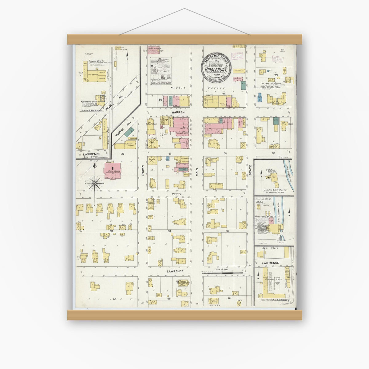 Old map wall art mockup — magnetic wood frame on white wall — Sanborn Fire Insurance Map from Middlebury, Elkhart County, Indiana (1909), Sheet #0001