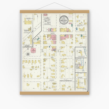 Old map wall art mockup — magnetic wood frame on white wall — Sanborn Fire Insurance Map from Middlebury, Elkhart County, Indiana (1909), Sheet #0001