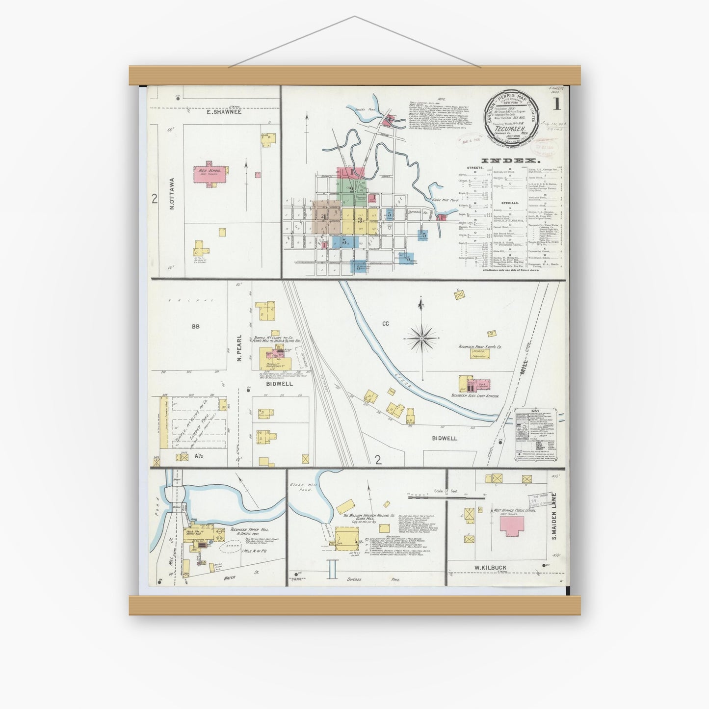 Old map wall art mockup — magnetic wood frame on white wall — Sanborn Fire Insurance Map from Tecumseh, Lenawee County, Michigan (1899) - Complete Map Set