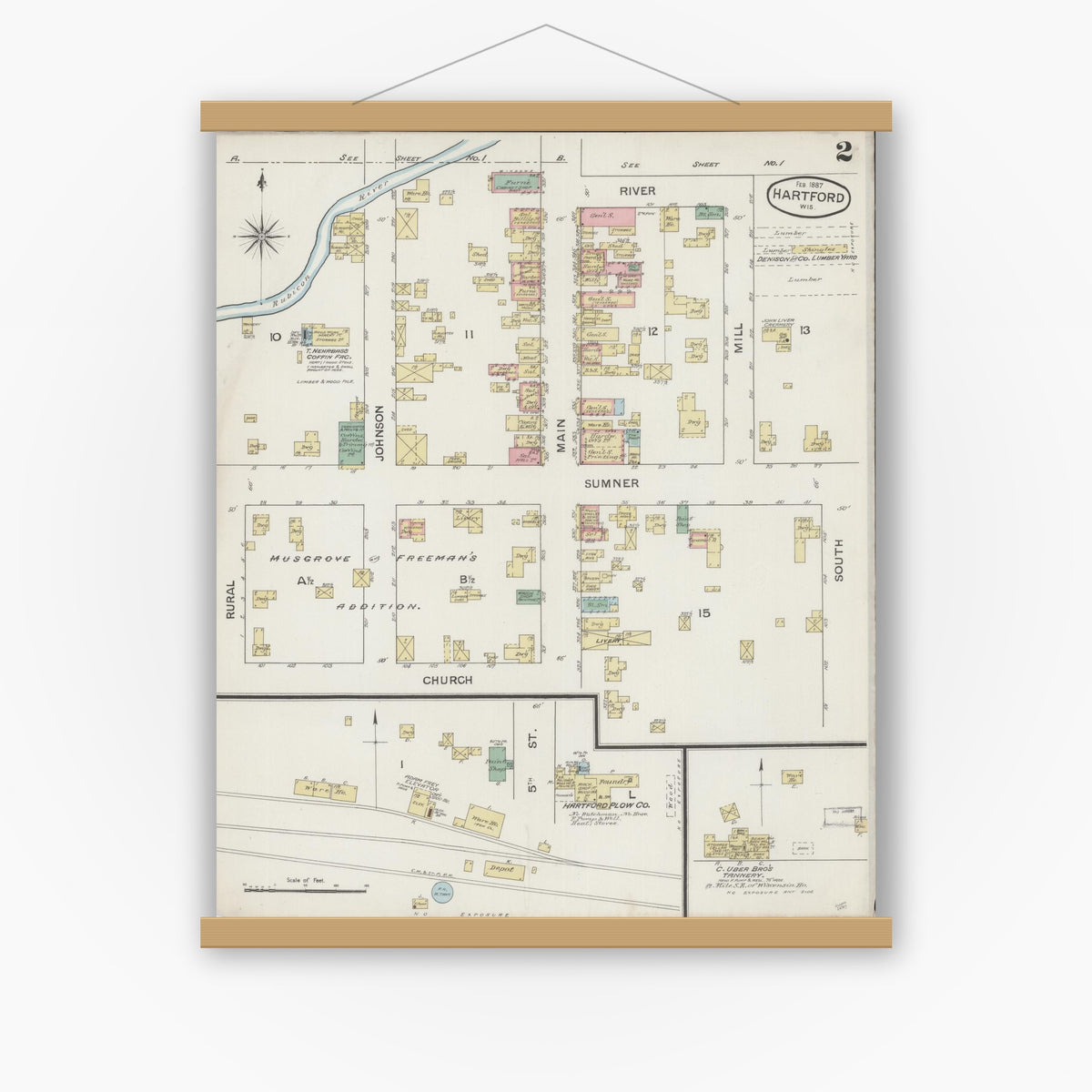 Old map wall art mockup — magnetic wood frame on white wall — Sanborn Fire Insurance Map from Hartford, Washington County, Wisconsin (1887), Sheet #0002