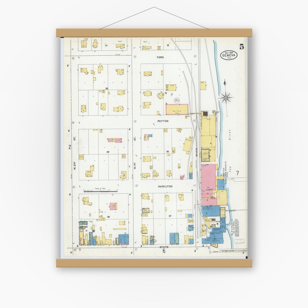 Old map wall art mockup — magnetic wood frame on white wall — Sanborn Fire Insurance Map from Geneva, Kane County, Illinois (1905), Sheet #0005