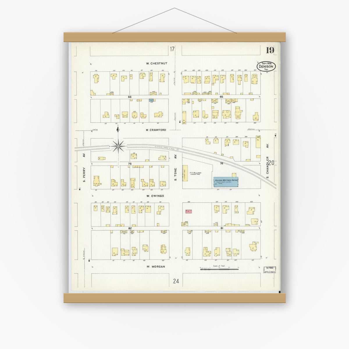Old map wall art mockup — magnetic wood frame on white wall — Sanborn Fire Insurance Map from Denison, Grayson County, Texas (1908), Sheet #0019