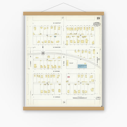Old map wall art mockup — magnetic wood frame on white wall — Sanborn Fire Insurance Map from Denison, Grayson County, Texas (1908), Sheet #0019