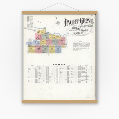 Old map wall art mockup — magnetic wood frame on white wall — Sanborn Fire Insurance Map from Pacific Grove, Monterey County, California (1905) - Complete Map Set