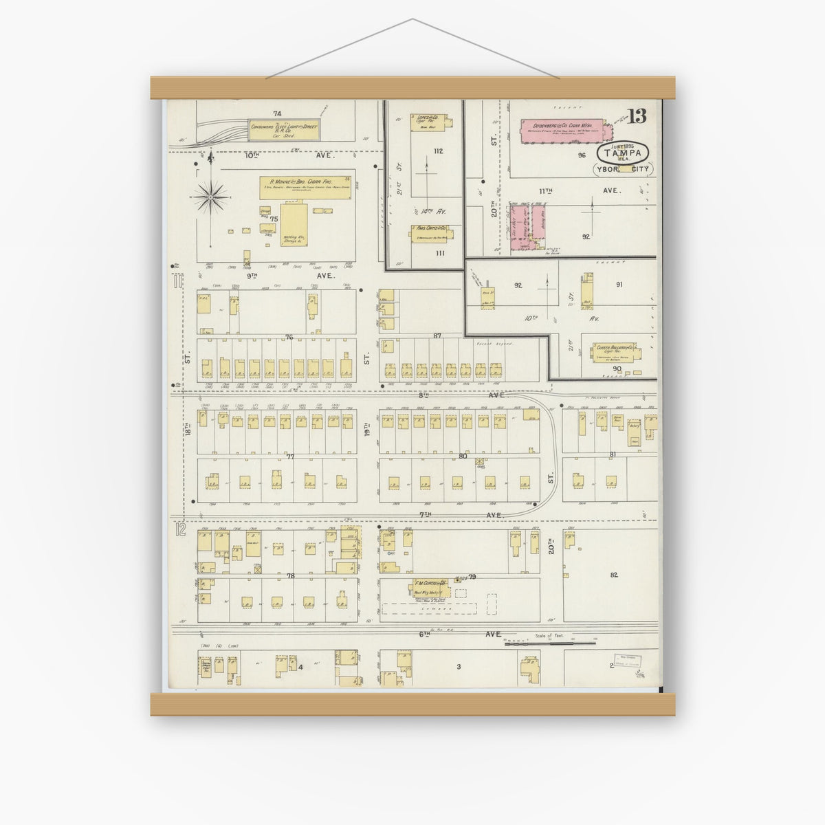 Old map wall art mockup — magnetic wood frame on white wall — Sanborn Fire Insurance Map from Tampa, Hillsborough County, Florida (1895), Sheet #0017