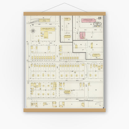 Old map wall art mockup — magnetic wood frame on white wall — Sanborn Fire Insurance Map from Tampa, Hillsborough County, Florida (1895), Sheet #0017