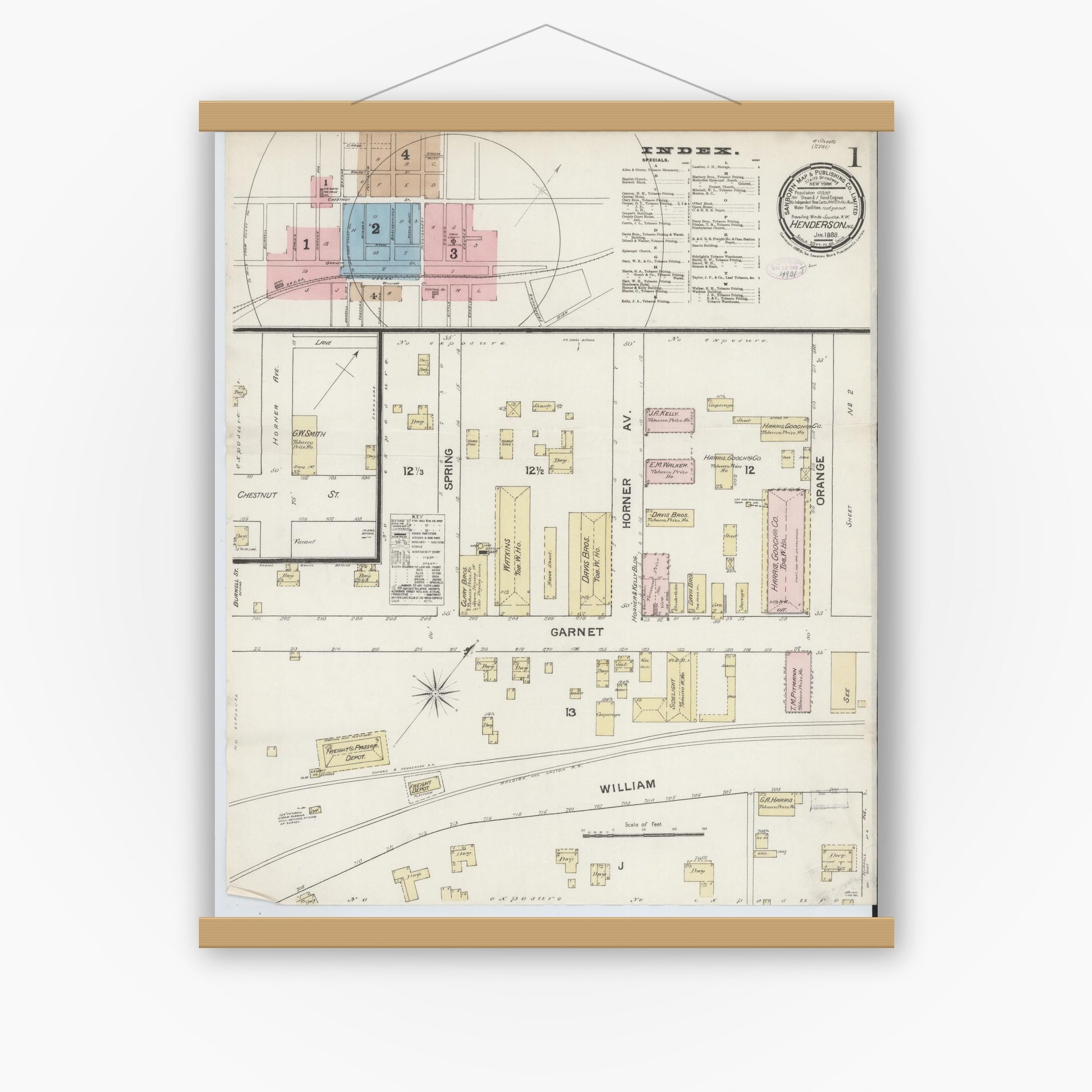 Old map wall art mockup — magnetic wood frame on white wall — Sanborn Fire Insurance Map from Henderson, Vance County, North Carolina (1888) - Complete Map Set