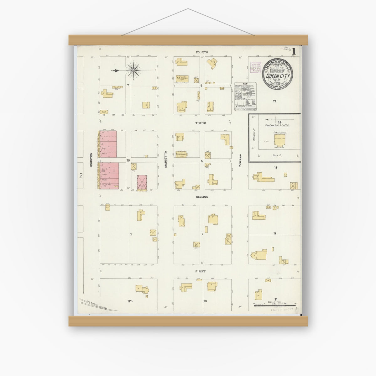 Old map wall art mockup — magnetic wood frame on white wall — Sanborn Fire Insurance Map from Queen City, Cass County, Texas (1906), Sheet #0001