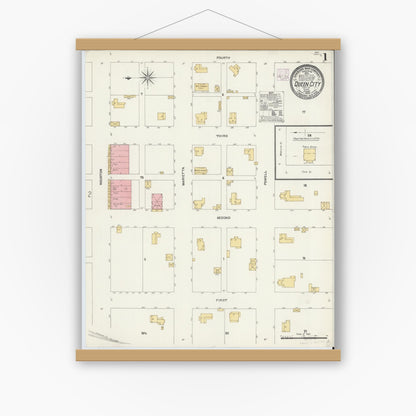 Old map wall art mockup — magnetic wood frame on white wall — Sanborn Fire Insurance Map from Queen City, Cass County, Texas (1906), Sheet #0001