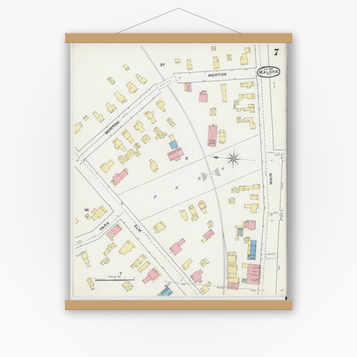 Old map wall art mockup — magnetic wood frame on white wall — Sanborn Fire Insurance Map from Malone, Franklin County, New York (1892), Sheet #0007