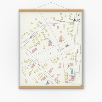 Old map wall art mockup — magnetic wood frame on white wall — Sanborn Fire Insurance Map from Malone, Franklin County, New York (1892), Sheet #0007
