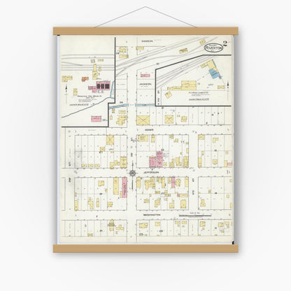 Old map wall art mockup — magnetic wood frame on white wall — Sanborn Fire Insurance Map from Riverton, Sangamon County, Illinois (1917), Sheet #0002