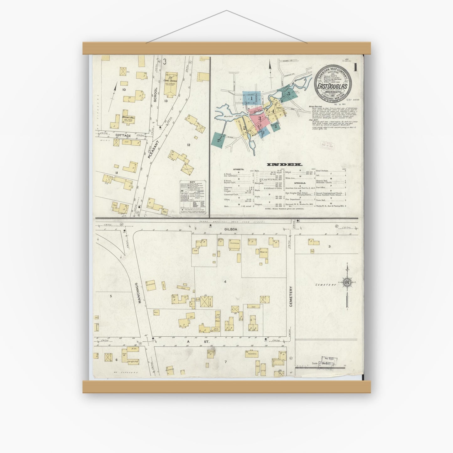 Old map wall art mockup — magnetic wood frame on white wall — Sanborn Fire Insurance Map from East Douglas, Worcester County, Massachusetts (1911), Sheet #0001