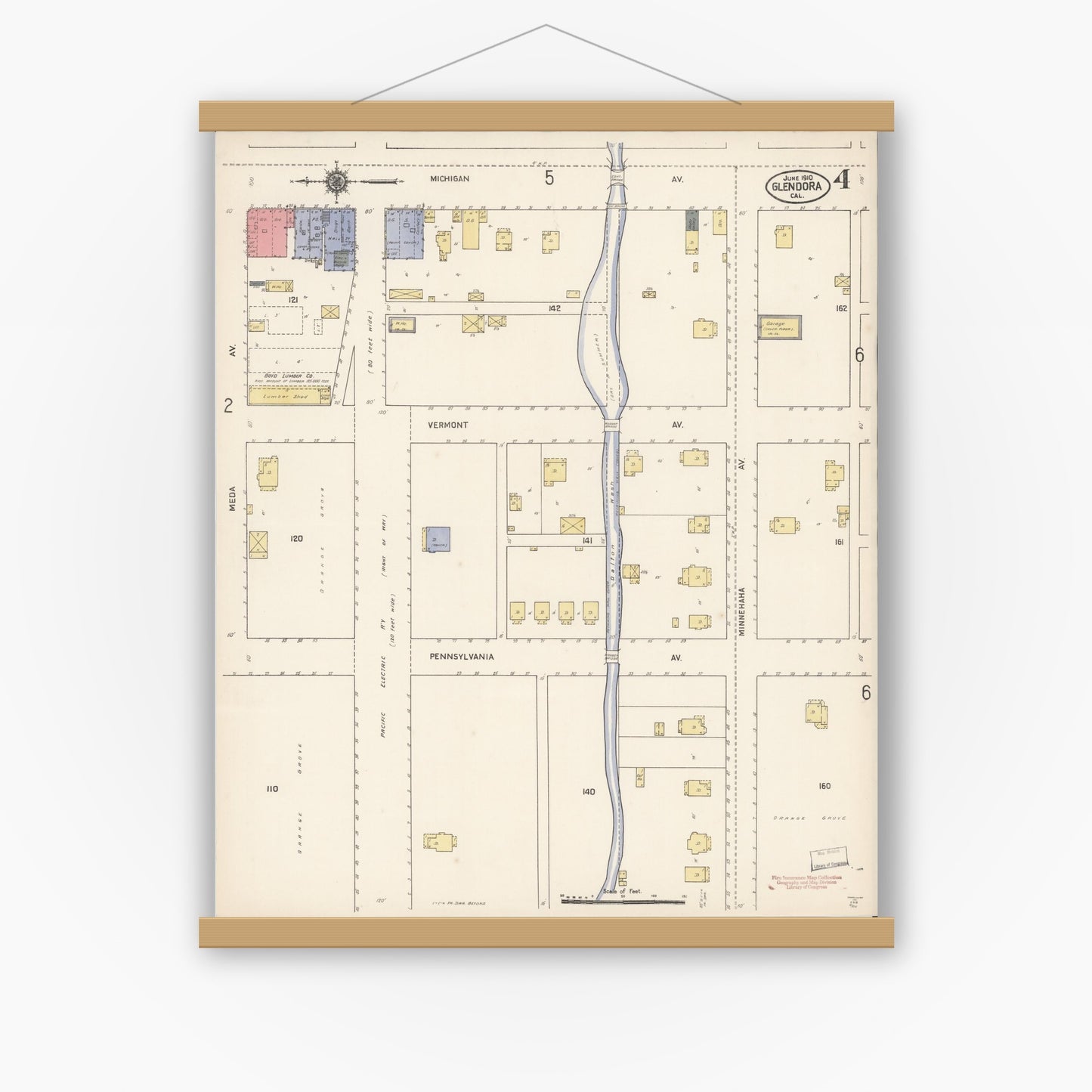 Old map wall art mockup — magnetic wood frame on white wall — Sanborn Fire Insurance Map from Glendora, Los Angeles County, California (1910), Sheet #0004