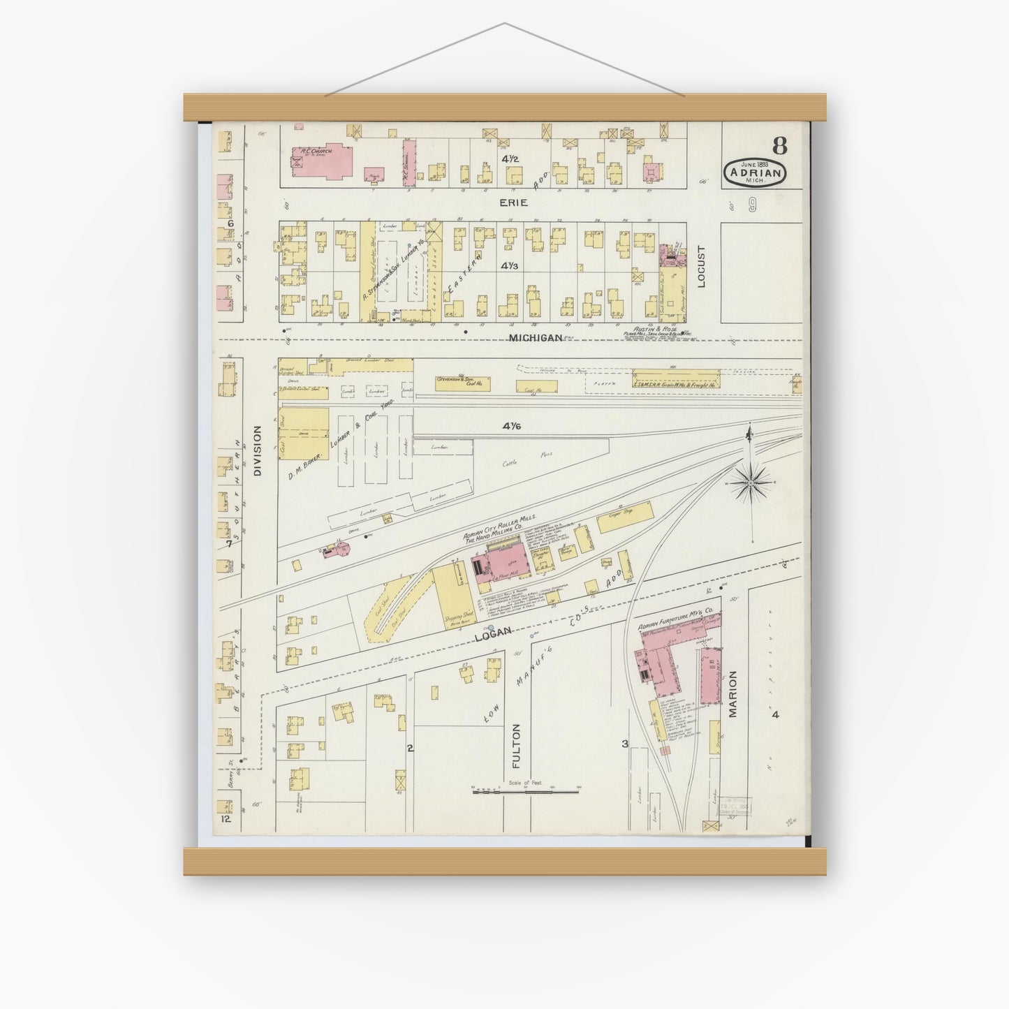 Old map wall art mockup — magnetic wood frame on white wall — Sanborn Fire Insurance Map from Adrian, Lenawee County, Michigan (1893), Sheet #0008