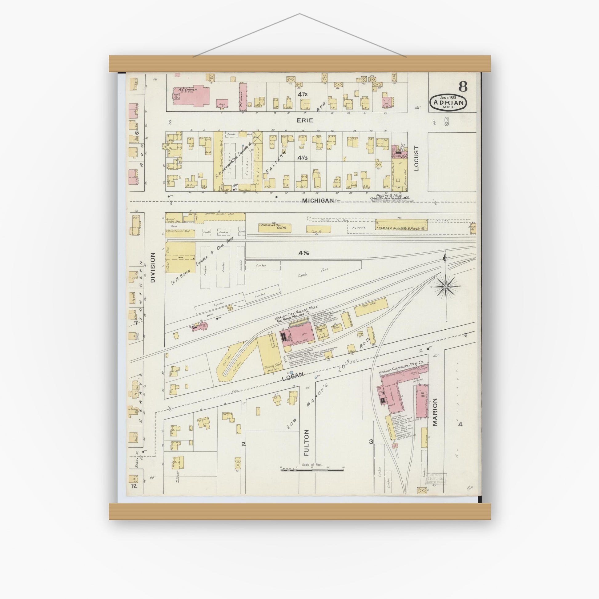 Old map wall art mockup — magnetic wood frame on white wall — Sanborn Fire Insurance Map from Adrian, Lenawee County, Michigan (1893), Sheet #0008