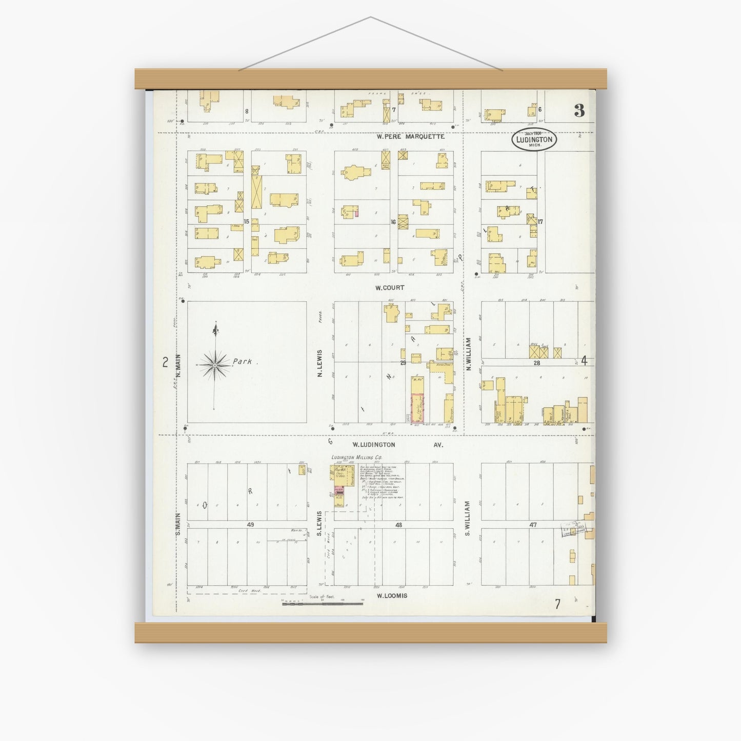 Old map wall art mockup — magnetic wood frame on white wall — Sanborn Fire Insurance Map from Ludington, Mason County, Michigan (1900), Sheet #0003