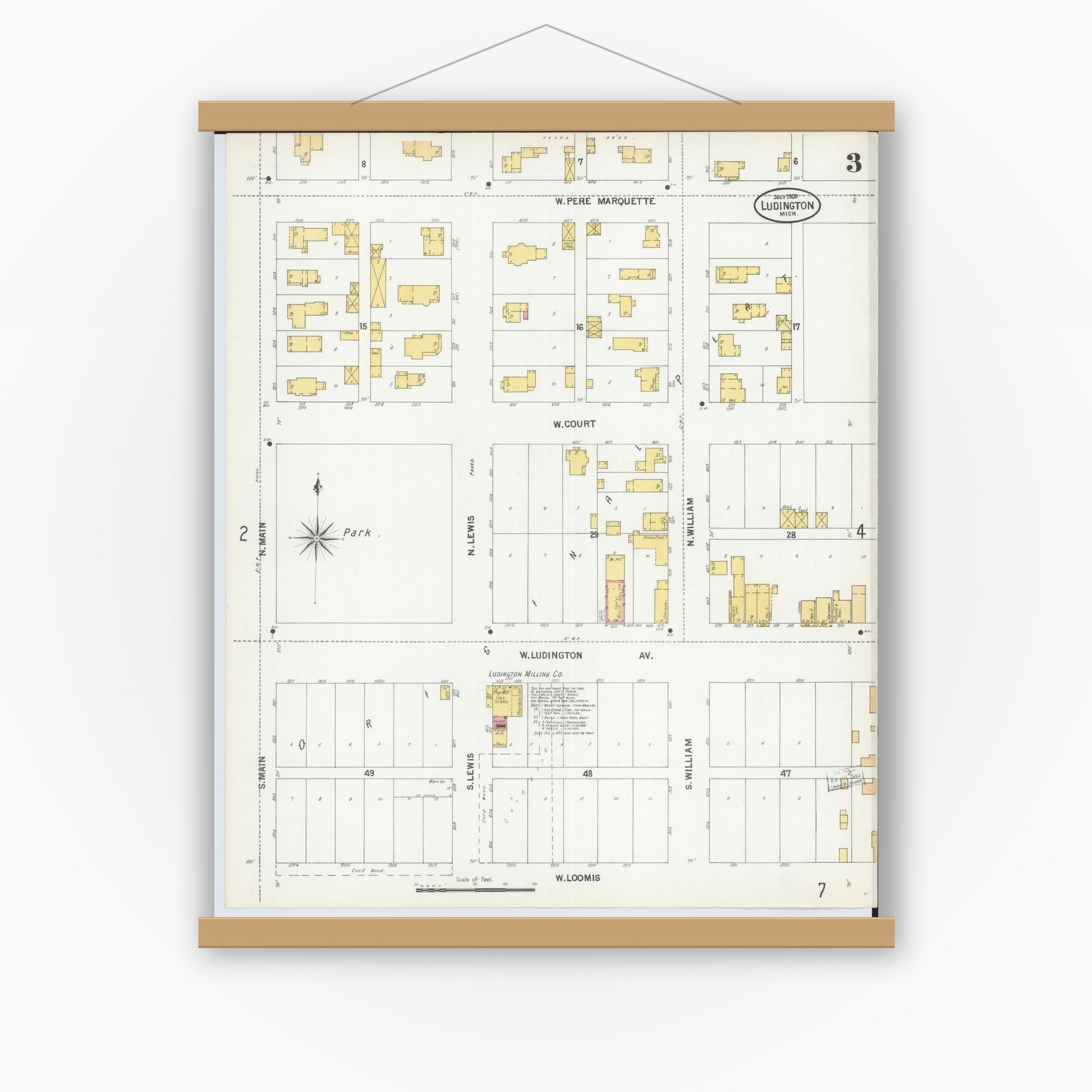 Old map wall art mockup — magnetic wood frame on white wall — Sanborn Fire Insurance Map from Ludington, Mason County, Michigan (1900), Sheet #0003