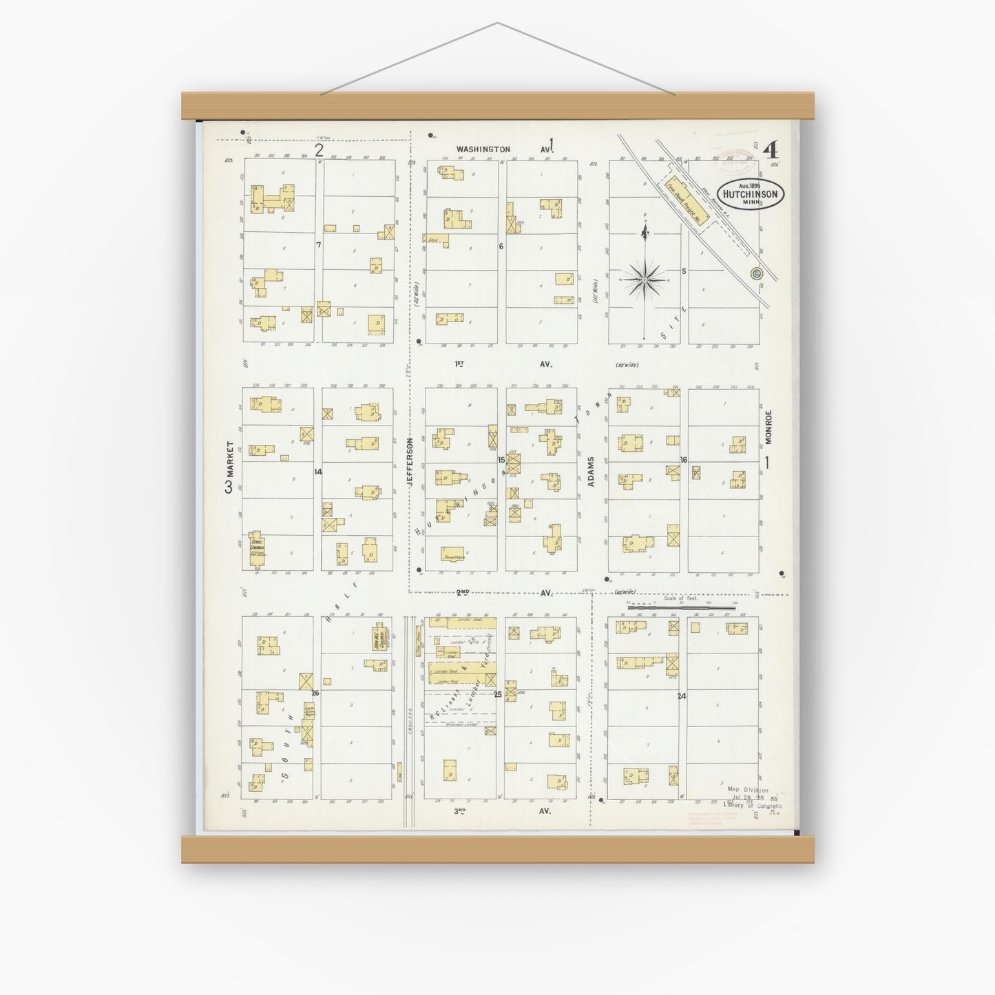 Old map wall art mockup — magnetic wood frame on white wall — Sanborn Fire Insurance Map from Hutchinson, Mcleod County, Minnesota (1899), Sheet #0004