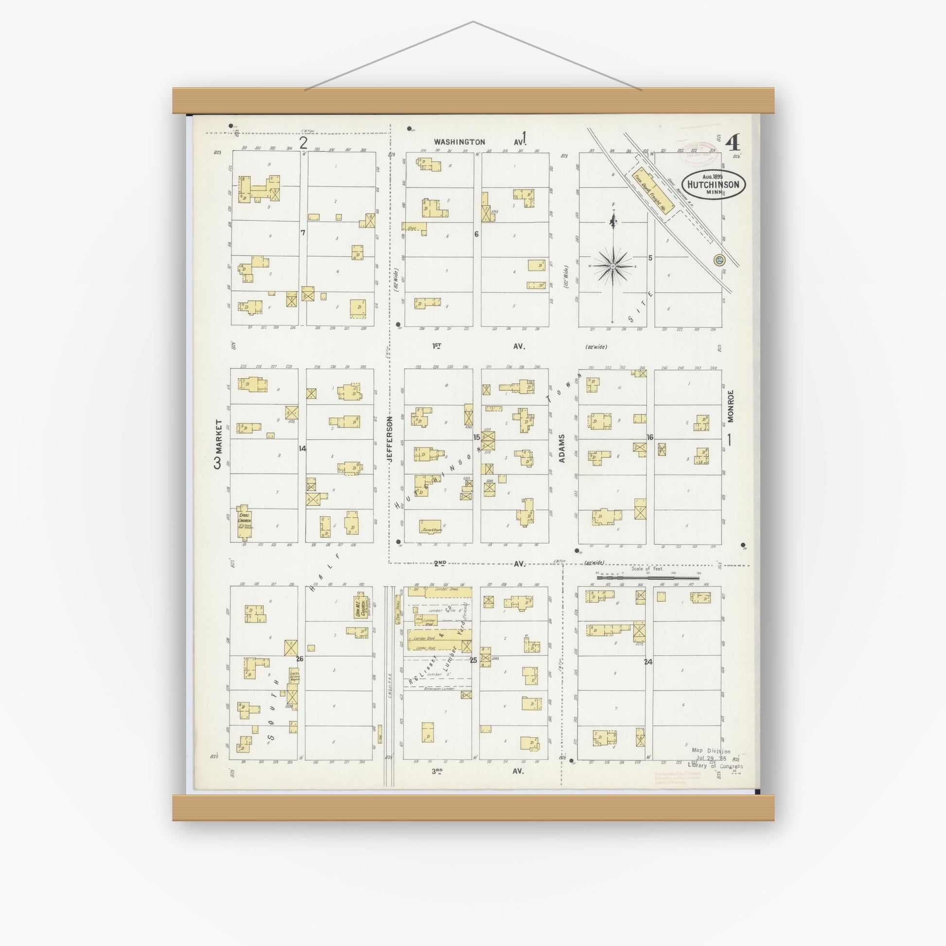 Old map wall art mockup — magnetic wood frame on white wall — Sanborn Fire Insurance Map from Hutchinson, Mcleod County, Minnesota (1899), Sheet #0004