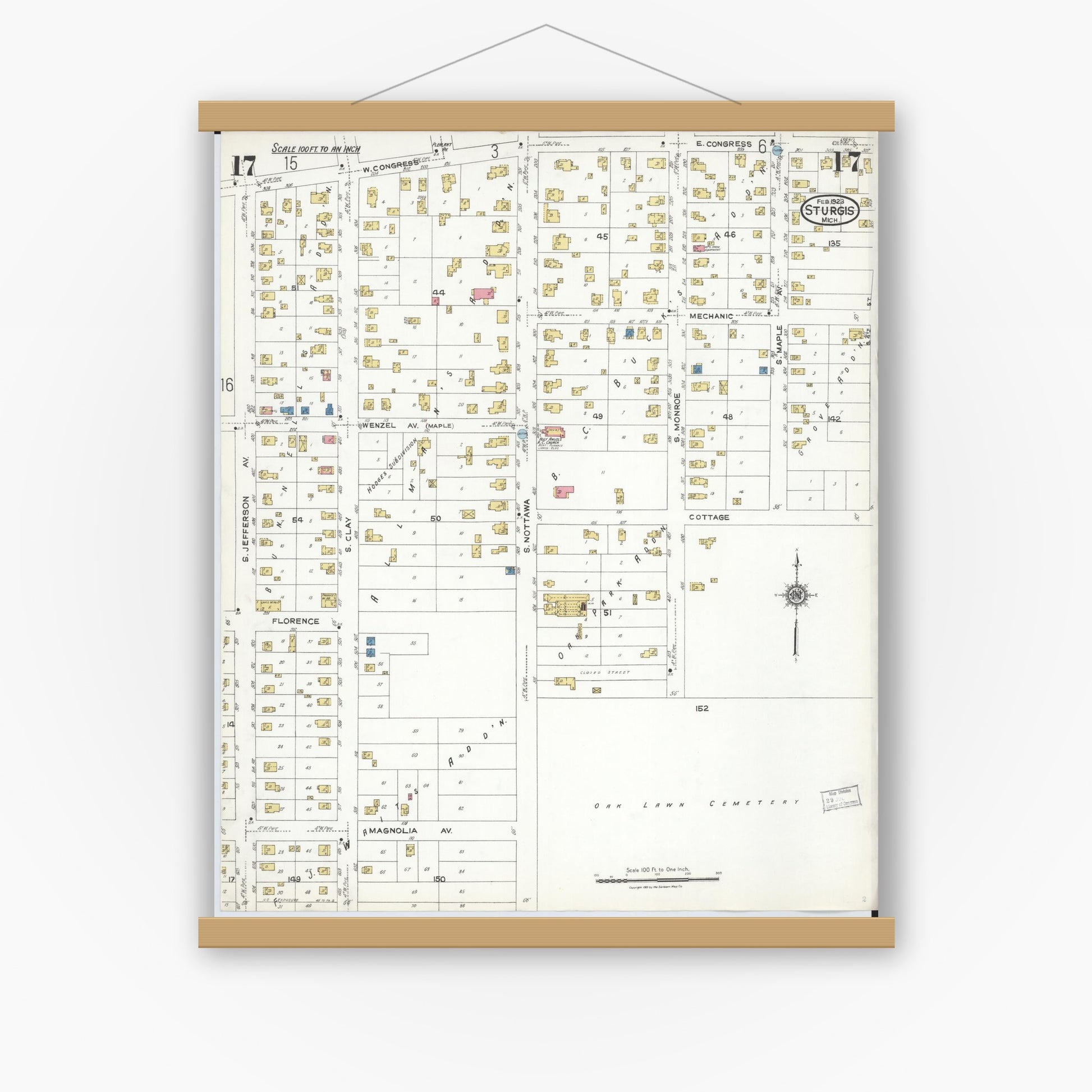 Old map wall art mockup — magnetic wood frame on white wall — Sanborn Fire Insurance Map from Sturgis, Saint Joseph County, Michigan (1923), Sheet #0017