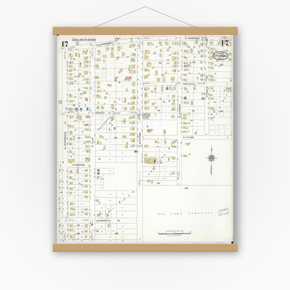 Old map wall art mockup — magnetic wood frame on white wall — Sanborn Fire Insurance Map from Sturgis, Saint Joseph County, Michigan (1923), Sheet #0017