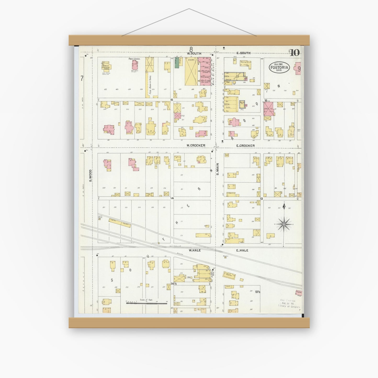 Old map wall art mockup — magnetic wood frame on white wall — Sanborn Fire Insurance Map from Fostoria, Seneca, Hancock, And Wood Counties, Ohio (1901), Sheet #0010