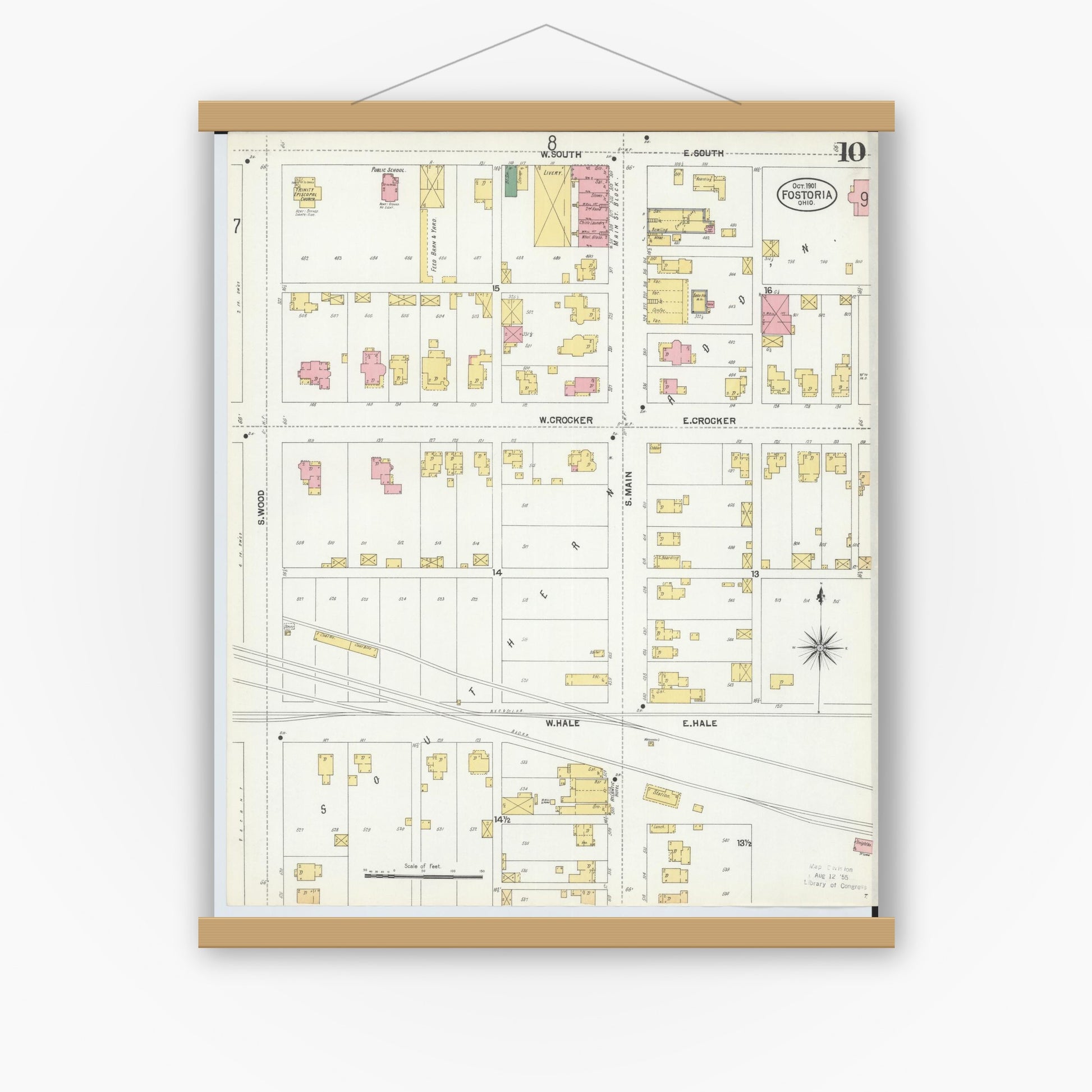 Old map wall art mockup — magnetic wood frame on white wall — Sanborn Fire Insurance Map from Fostoria, Seneca, Hancock, And Wood Counties, Ohio (1901), Sheet #0010