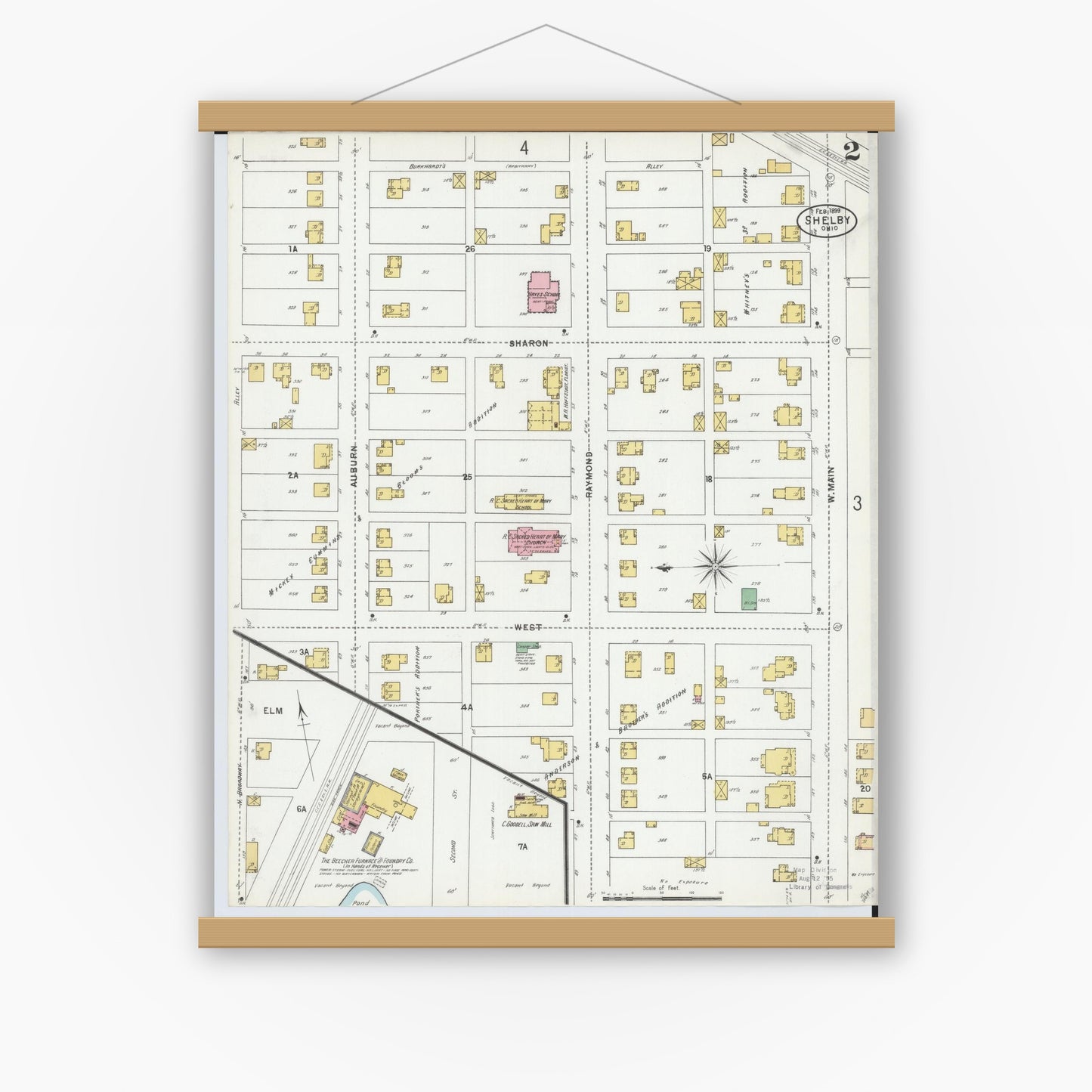 Old map wall art mockup — magnetic wood frame on white wall — Sanborn Fire Insurance Map from Shelby, Richland County, Ohio (1899), Sheet #0002