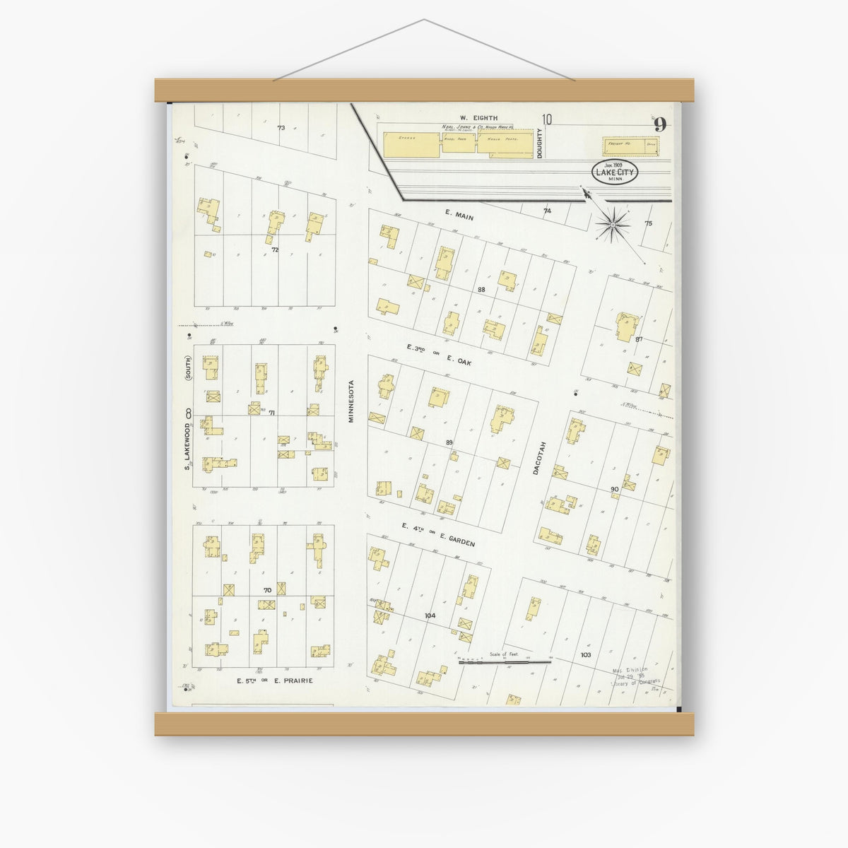 Old map wall art mockup — magnetic wood frame on white wall — Sanborn Fire Insurance Map from Lake City, Wabasha County, Minnesota (1909), Sheet #0009