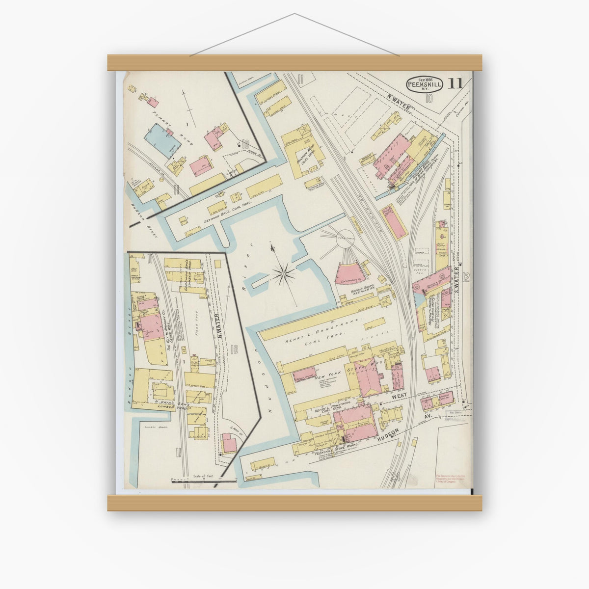 Old map wall art mockup — magnetic wood frame on white wall — Sanborn Fire Insurance Map from Peekskill, Westchester County, New York (1895), Sheet #0011