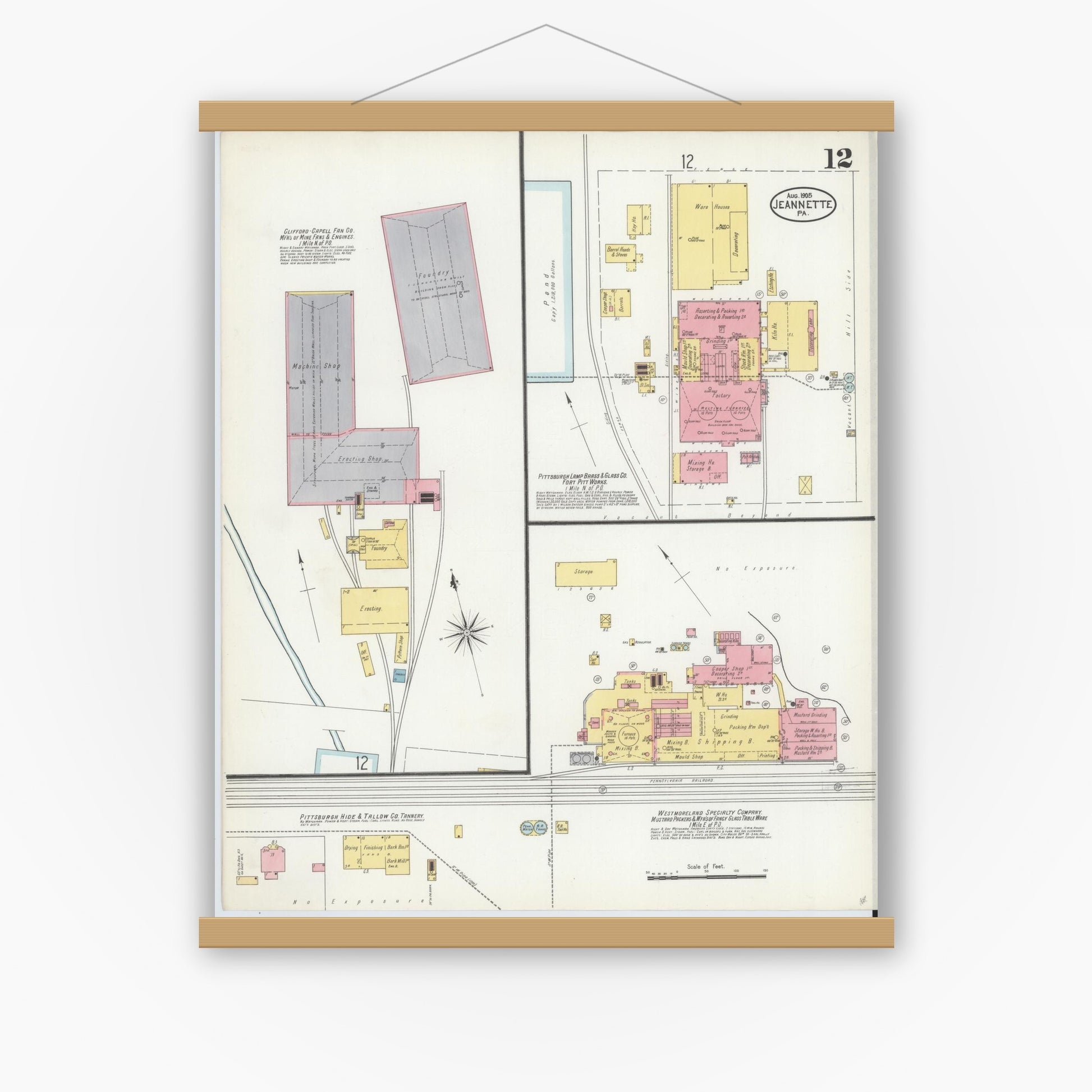Old map wall art mockup — magnetic wood frame on white wall — Sanborn Fire Insurance Map from Jeannette, Westmoreland County, Pennsylvania (1905), Sheet #0012