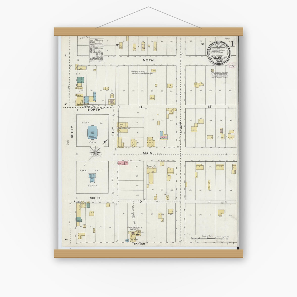 Old map wall art mockup — magnetic wood frame on white wall — Sanborn Fire Insurance Map from Uvalde, Uvalde County, Texas (1894) - Complete Map Set